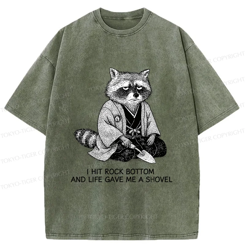 Tokyo-Tiger Raccoon Holding A Shovel Funny Washed T-Shirt