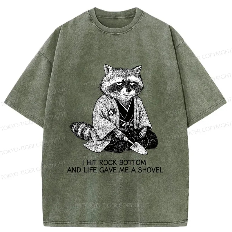 Tokyo-Tiger Raccoon Holding A Shovel Funny Washed T-Shirt