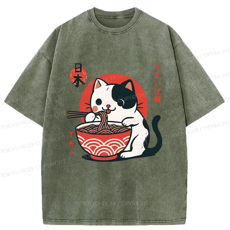Tokyo-Tiger Cute Kitten Eating Ramen Washed T-Shirt
