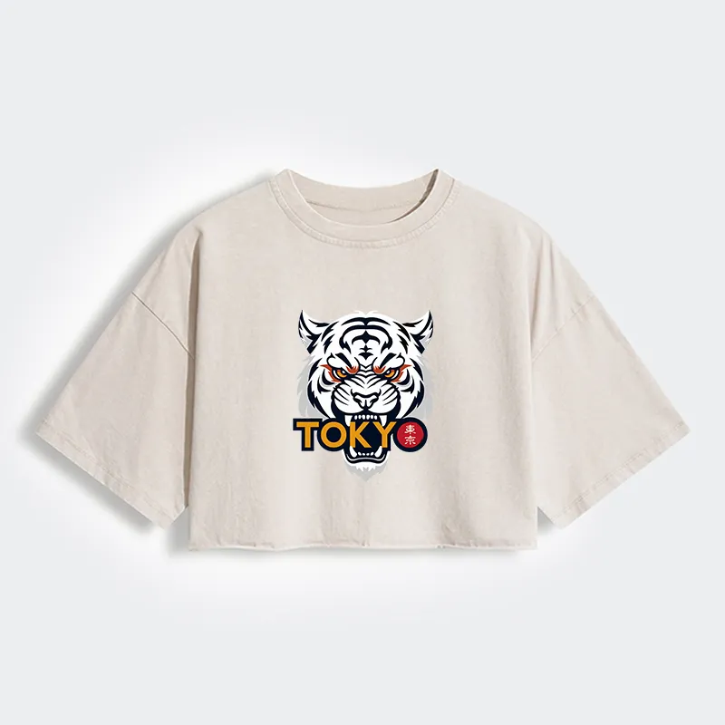 Tokyo-Tiger Logo Women's Washed Crop T-Shirt
