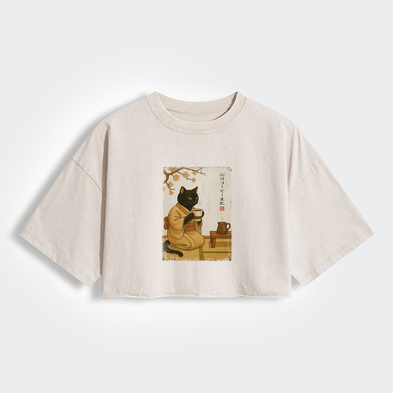 Tokyo-Tiger Tea Time With A Black Cat Women's Washed Crop T-Shirt