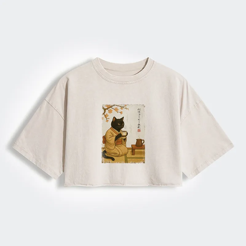 Tokyo-Tiger Tea Time With A Black Cat Women's Washed Crop T-Shirt