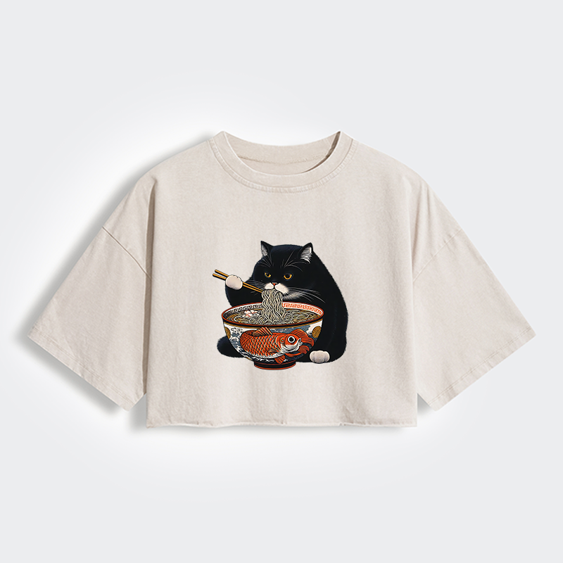 Tokyo-Tiger Fat Cat Eating Ramen Women's Washed Crop T-Shirt