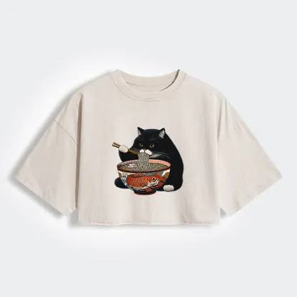 Tokyo-Tiger Fat Cat Eating Ramen Women's Washed Crop T-Shirt