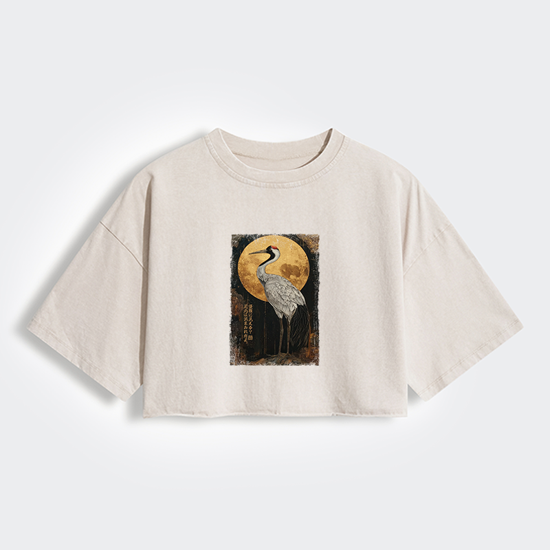 Tokyo-Tiger Vintage Japanese Crane Kanji Women's Washed Crop T-Shirt