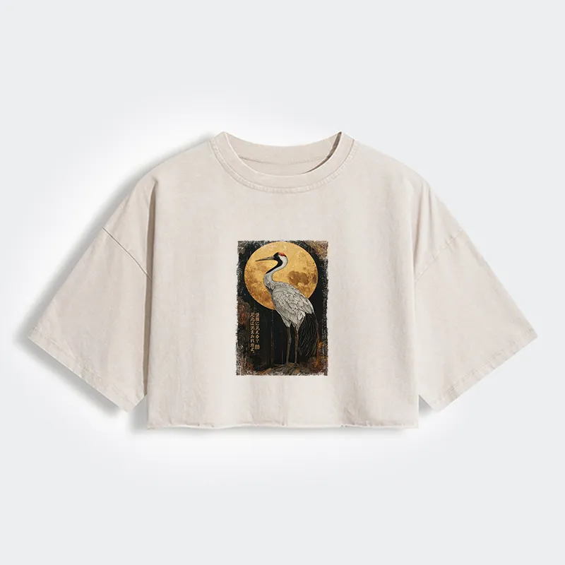 Tokyo-Tiger Vintage Japanese Crane Kanji Women's Washed Crop T-Shirt
