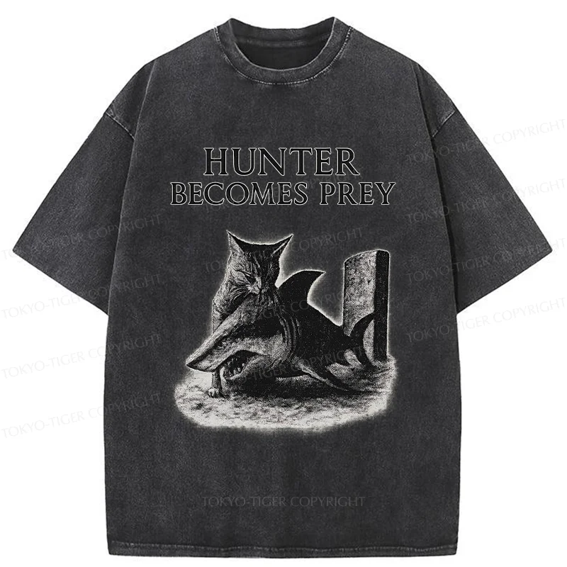 Tokyo-Tiger Cat Eats Shark Washed T-Shirt