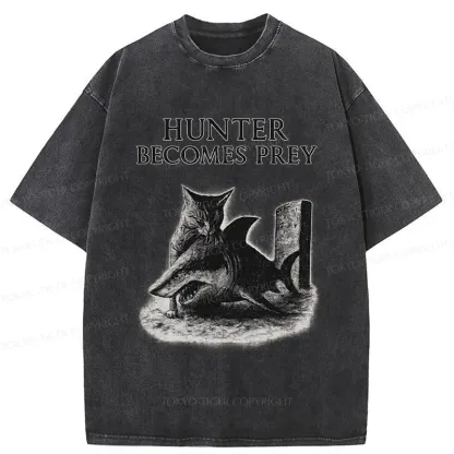 Tokyo-Tiger Cat Eats Shark Washed T-Shirt