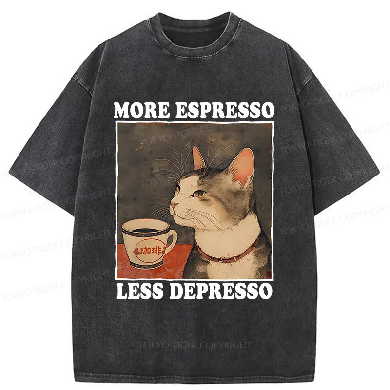 Tokyo-Tiger Cute Cat Drinking Coffee Washed T-Shirt