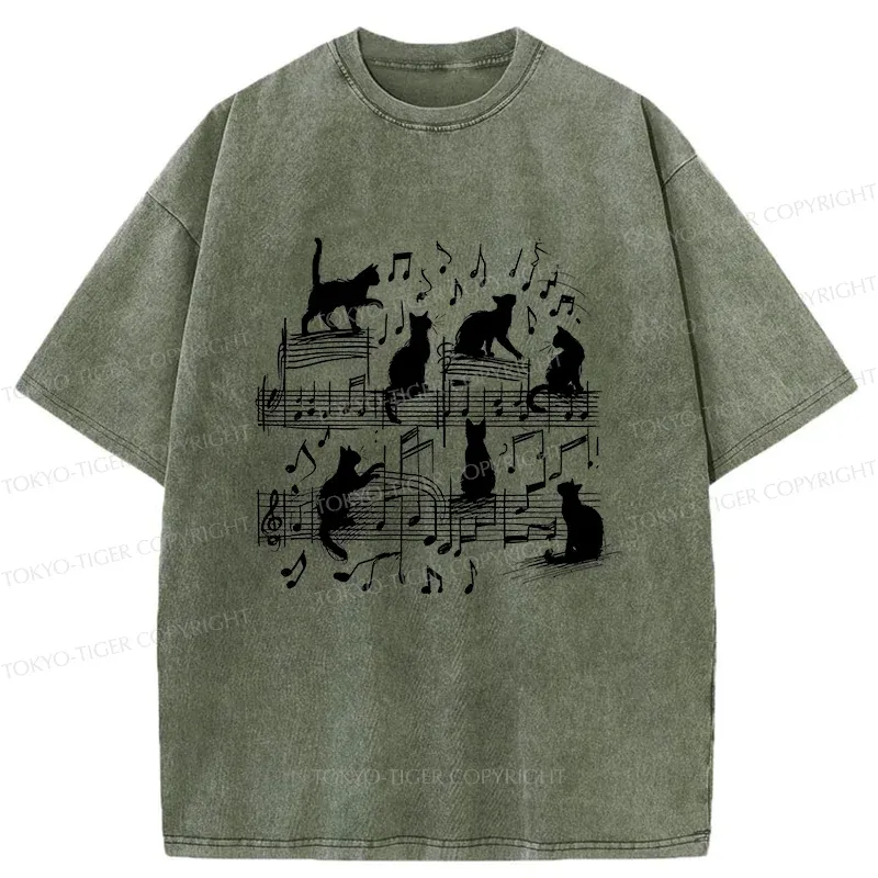 Tokyo-Tiger Cat Scratching Sheet Music Washed T-Shirt