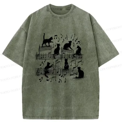 Tokyo-Tiger Cat Scratching Sheet Music Washed T-Shirt