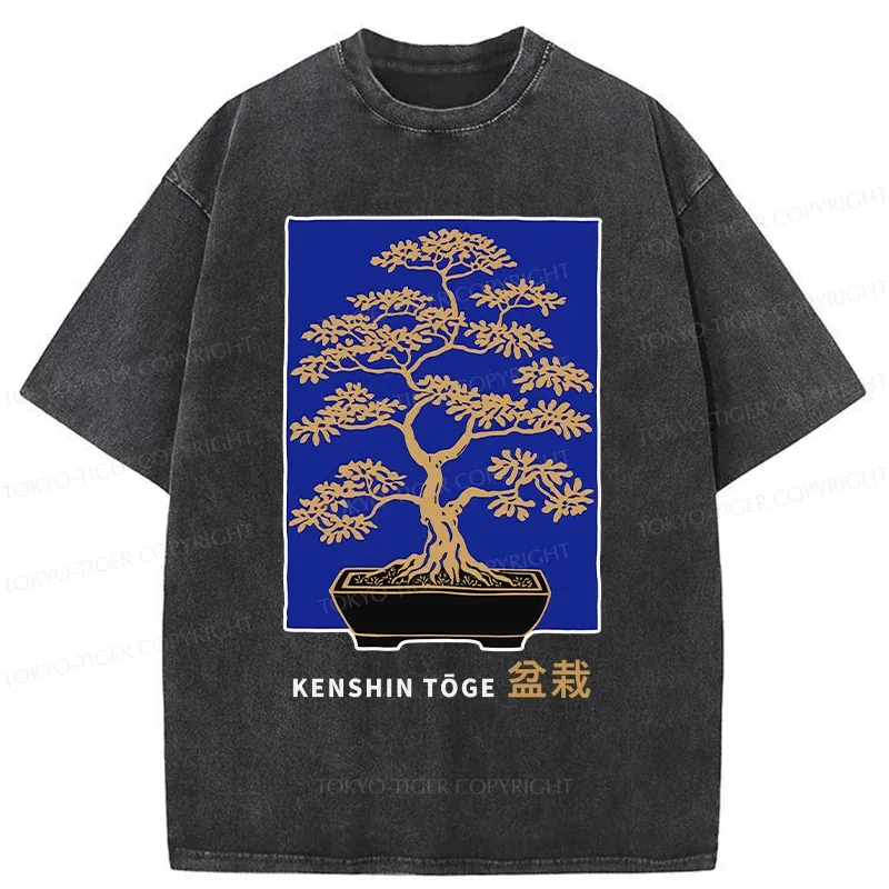 Tokyo-Tiger Japanese Bonsai Woodcut Washed T-Shirt