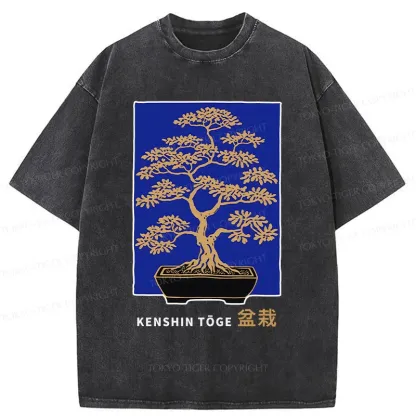 Tokyo-Tiger Japanese Bonsai Woodcut Washed T-Shirt
