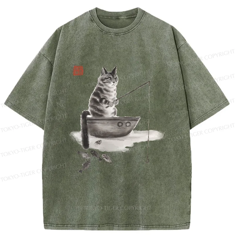 Tokyo-Tiger Cat Fishing Washed T-Shirt