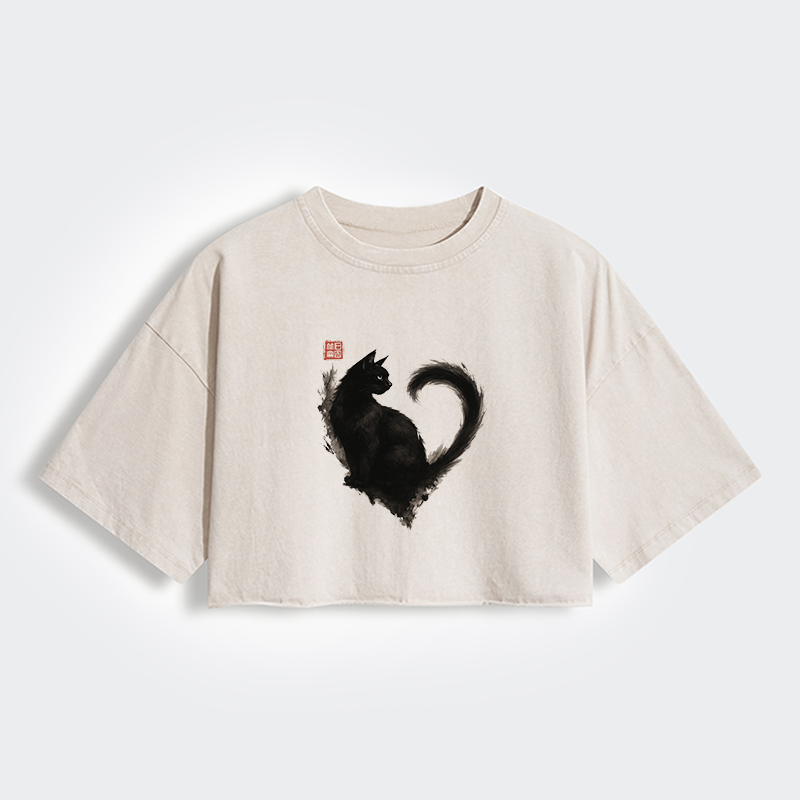 Tokyo-Tiger Funny Heart-Shaped Ink Cat Women's Washed Crop T-Shirt