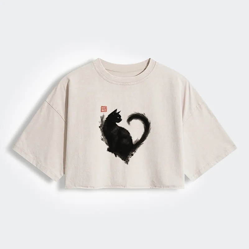 Tokyo-Tiger Funny Heart-Shaped Ink Cat Women's Washed Crop T-Shirt