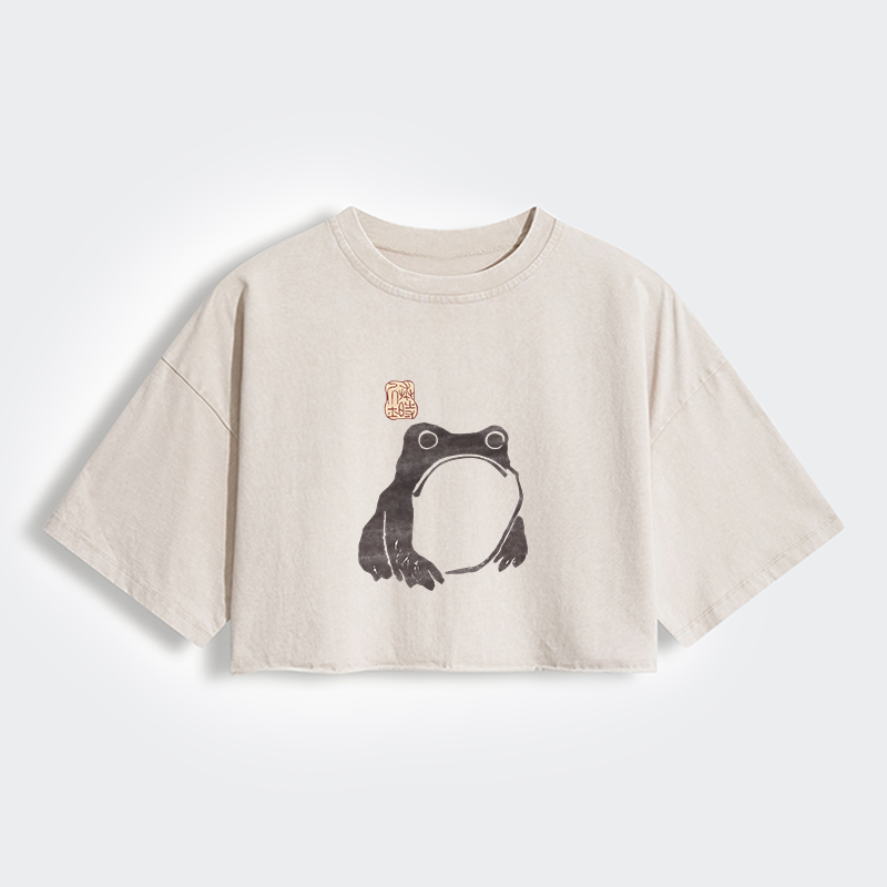 Tokyo-Tiger Matsumoto Hoji Woodblock Print Frog Women's Washed Crop T-Shirt