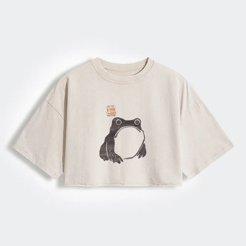 Tokyo-Tiger Matsumoto Hoji Woodblock Print Frog Women's Washed Crop T-Shirt