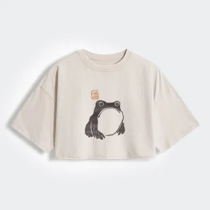 Tokyo-Tiger Matsumoto Hoji Woodblock Print Frog Women's Washed Crop T-Shirt