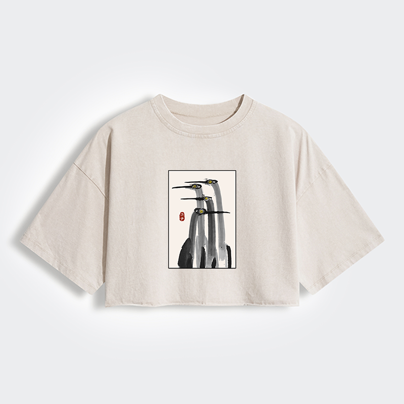 Tokyo-Tiger Japanese Crane Poster Women's Washed Crop T-Shirt