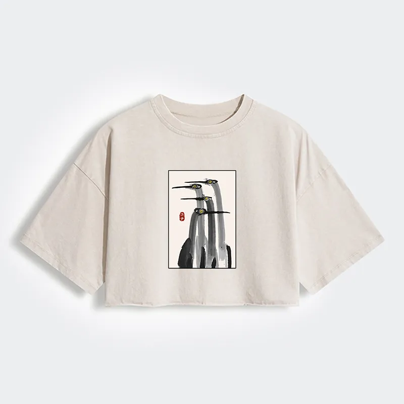 Tokyo-Tiger Japanese Crane Poster Women's Washed Crop T-Shirt