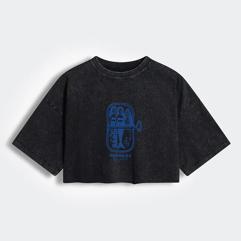 Tokyo-Tiger Mermaid Can Women's Washed Crop T-Shirt