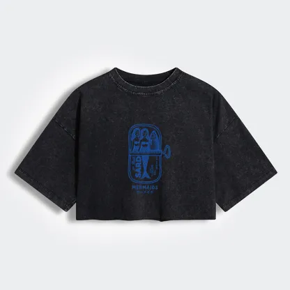 Tokyo-Tiger Mermaid Can Women's Washed Crop T-Shirt