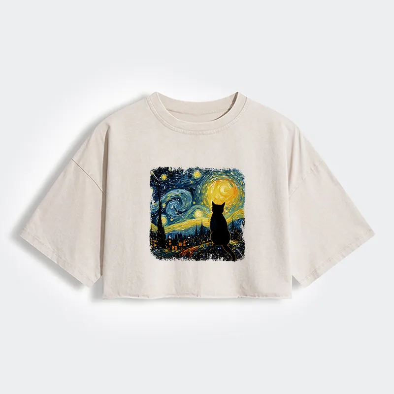 Tokyo-Tiger The Starry Night Cat Women's Washed Crop T-Shirt