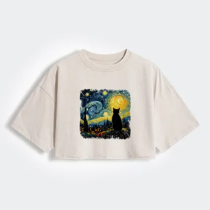 Tokyo-Tiger The Starry Night Cat Women's Washed Crop T-Shirt