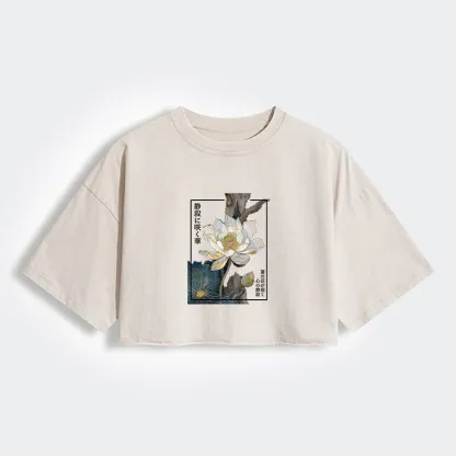 Tokyo-Tiger Blooming Lotus Japan Women's Washed Crop T-Shirt