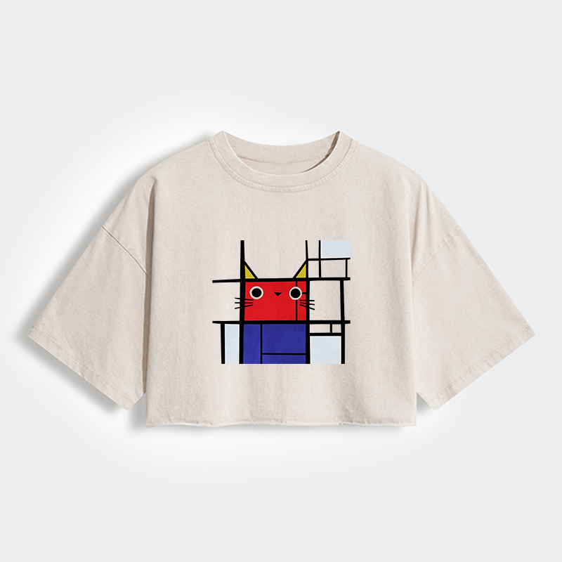 Tokyo-Tiger Abstract Art Cat Women's Washed Crop T-Shirt