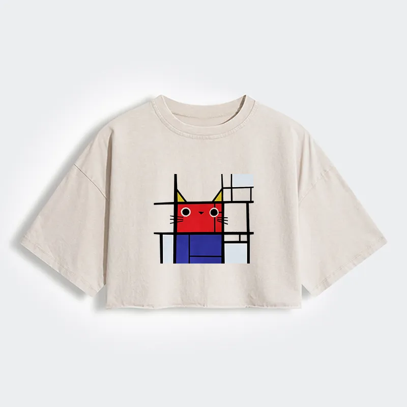 Tokyo-Tiger Abstract Art Cat Women's Washed Crop T-Shirt