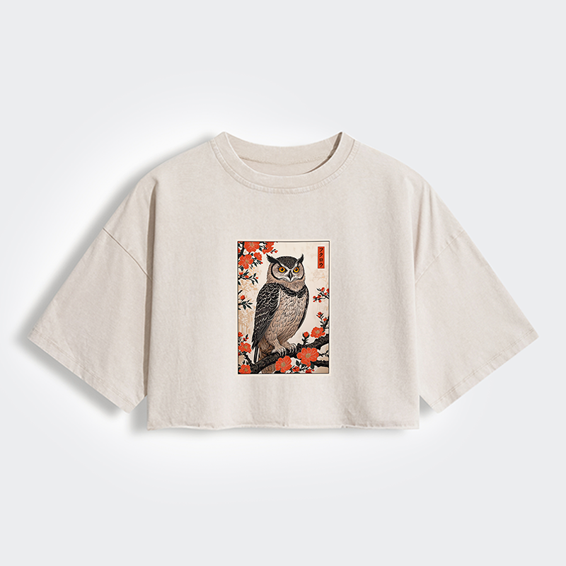 Tokyo-Tiger Vintage Japanese Owl Women's Washed Crop T-Shirt