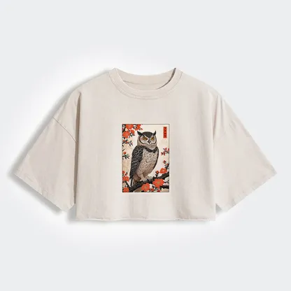 Tokyo-Tiger Vintage Japanese Owl Women's Washed Crop T-Shirt