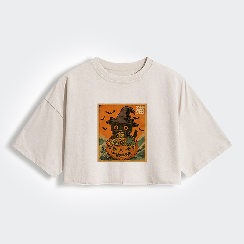 Tokyo-Tiger Halloween Cat Eating Ramen Women's Washed Crop T-Shirt