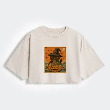 Tokyo-Tiger Halloween Cat Eating Ramen Women's Washed Crop T-Shirt