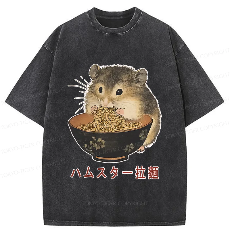 Tokyo-Tiger Hamster Eating Ramen Washed T-Shirt