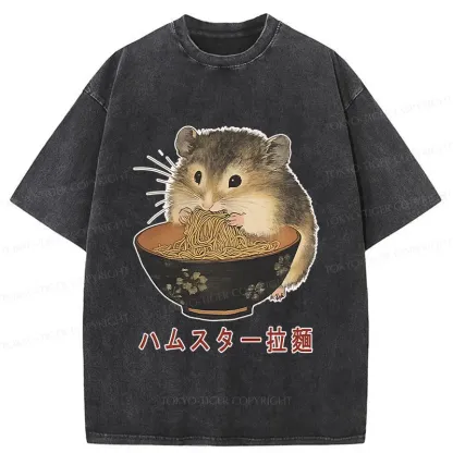Tokyo-Tiger Hamster Eating Ramen Washed T-Shirt