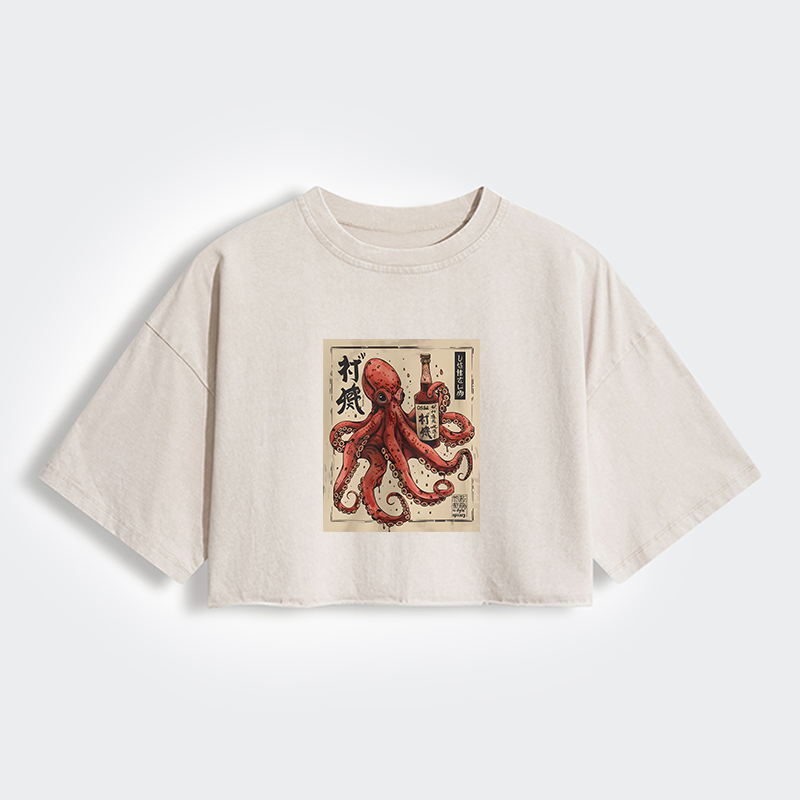 Tokyo-Tiger Osaka Saké Octopus Women's Washed Crop T-Shirt