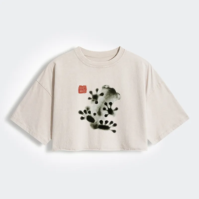Tokyo-Tiger Ink Painting Frog Women's Washed Crop T-Shirt
