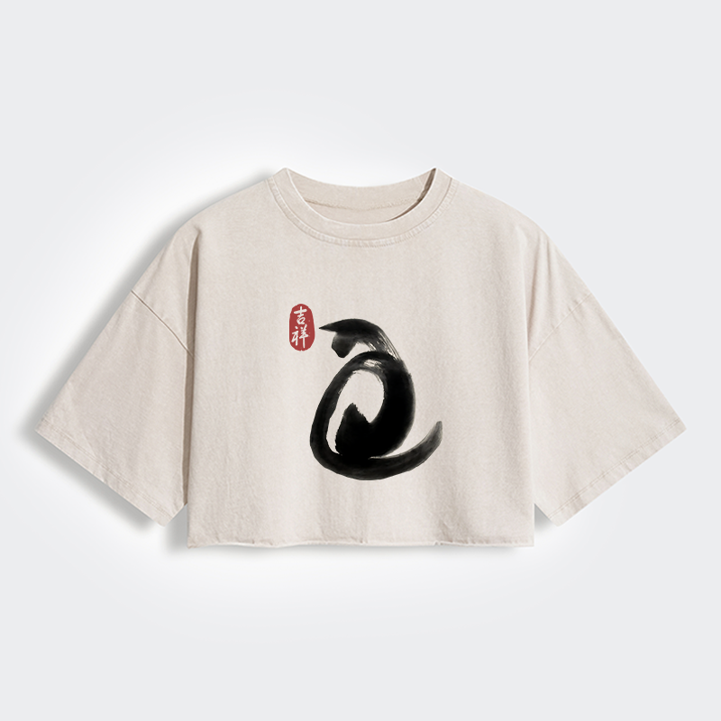 Tokyo-Tiger Vintage Ink Cat Women's Washed Crop T-Shirt