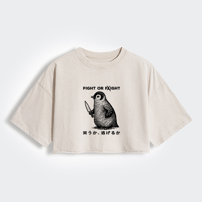Tokyo-Tiger Funny Fight Or Flight Women's Washed Crop T-Shirt