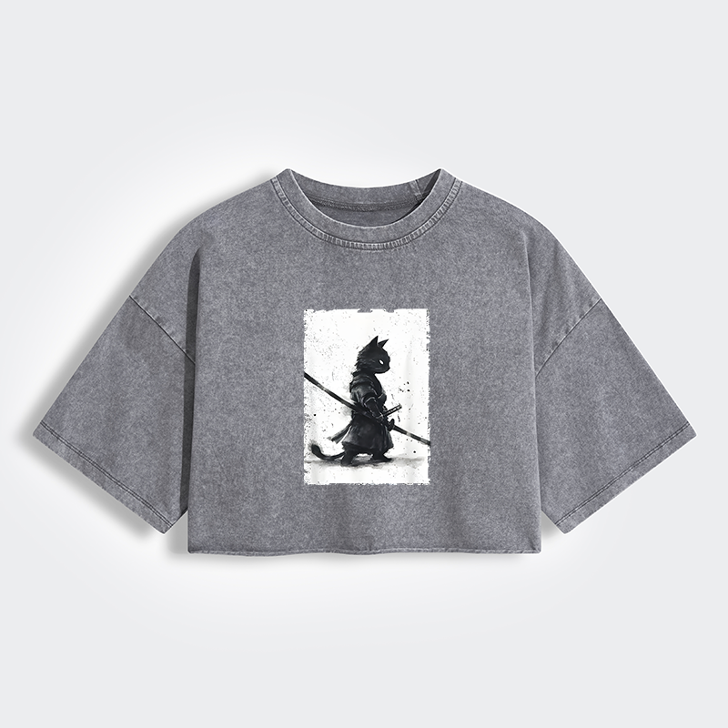 Tokyo-Tiger Retro Cat Samurai Japanese Women's Washed Crop T-Shirt