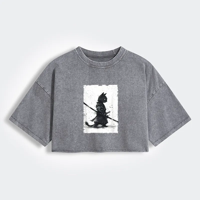 Tokyo-Tiger Retro Cat Samurai Japanese Women's Washed Crop T-Shirt