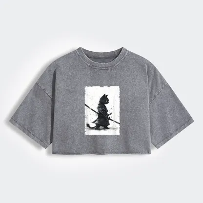 Tokyo-Tiger Retro Cat Samurai Japanese Women's Washed Crop T-Shirt