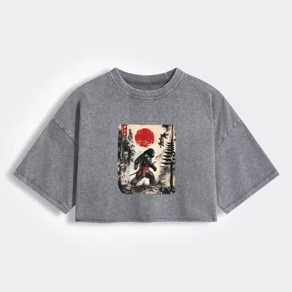 Tokyo-Tiger Japanese Samurai Bigfoot Women's Washed Crop T-Shirt