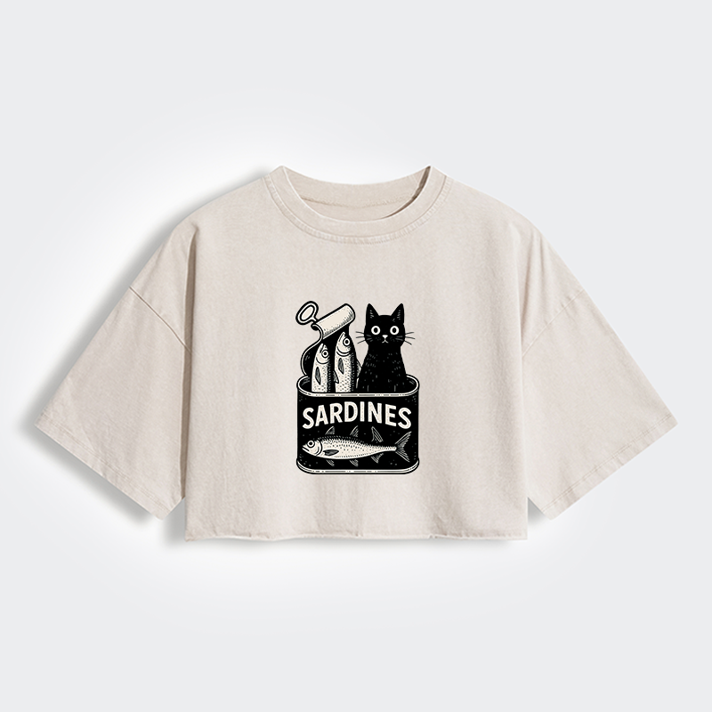 Tokyo-Tiger Cat And Canned Fish Women's Washed Crop T-Shirt