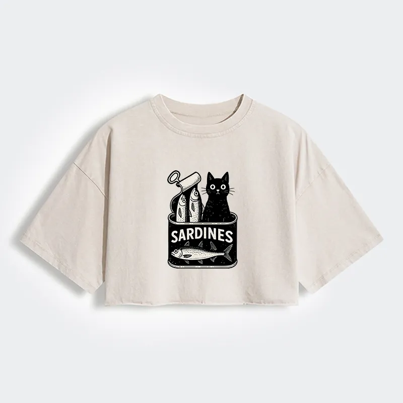 Tokyo-Tiger Cat And Canned Fish Women's Washed Crop T-Shirt