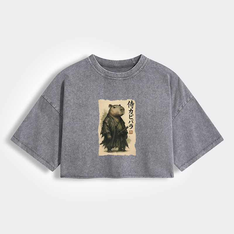 Tokyo-Tiger Capybara Samurai Women's Washed Crop T-Shirt