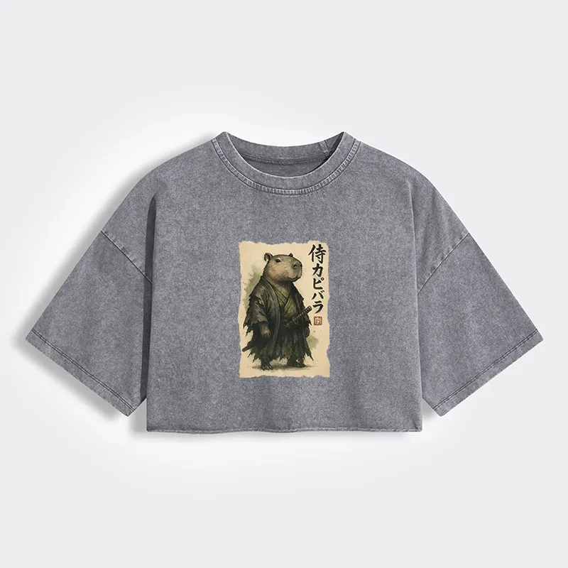 Tokyo-Tiger Capybara Samurai Women's Washed Crop T-Shirt